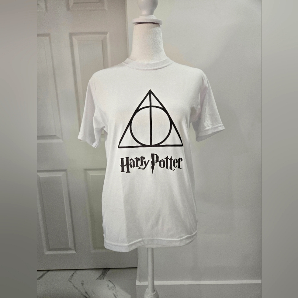 Harry Potter White T-Shirt Youth with Black Deathly Hallows Symbol Size16 UNISEX